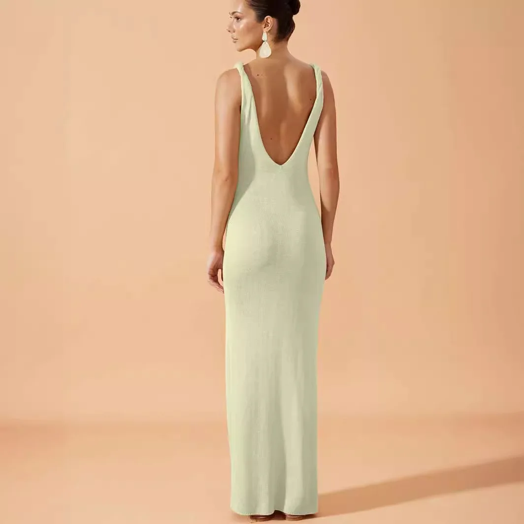 Summer New Sexy Deep V Open Back Knitted Dress Solid Color High Waist Slim Fit Resort Beach Dress