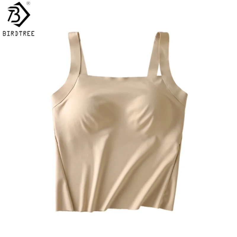 Birdtree, Silk Lining Solid Tank Top, Sleeveless Vest, Women's Slim Traceless Tops, With Breasted Pads, 2026 Autumn New T6O532JF