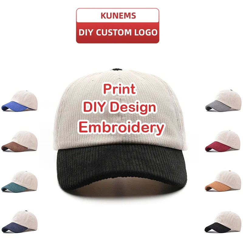 KUNEMS-gorra de béisbol personalizada para hombre y mujer, gorro bordado con estampado de retales de pana, Unisex, para otoño e invierno, venta al