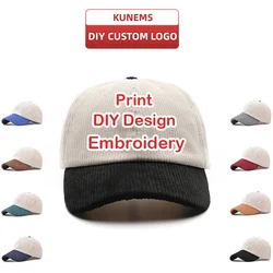 KUNEMS DIY Custom Baseball Cap for Men and Women Autumn and Winter Corduroy Patchwork Print Embroidery Hat Wholesale Unisex