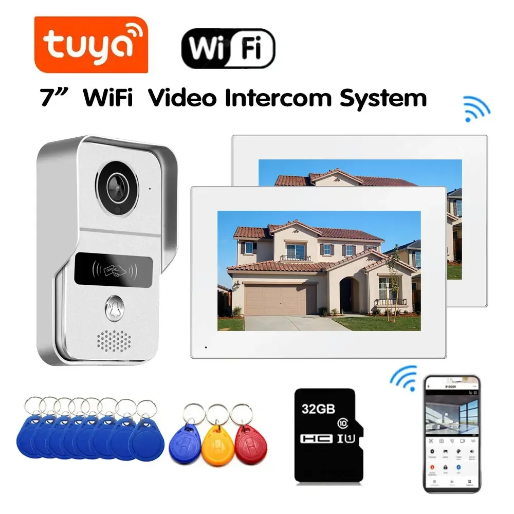 TUYA Wifi Video Doorbell System 1080P Doorphone Door RFID Unlock Camera 7 Inch 2 LCD Touch Screen, Video Intercom Access Control