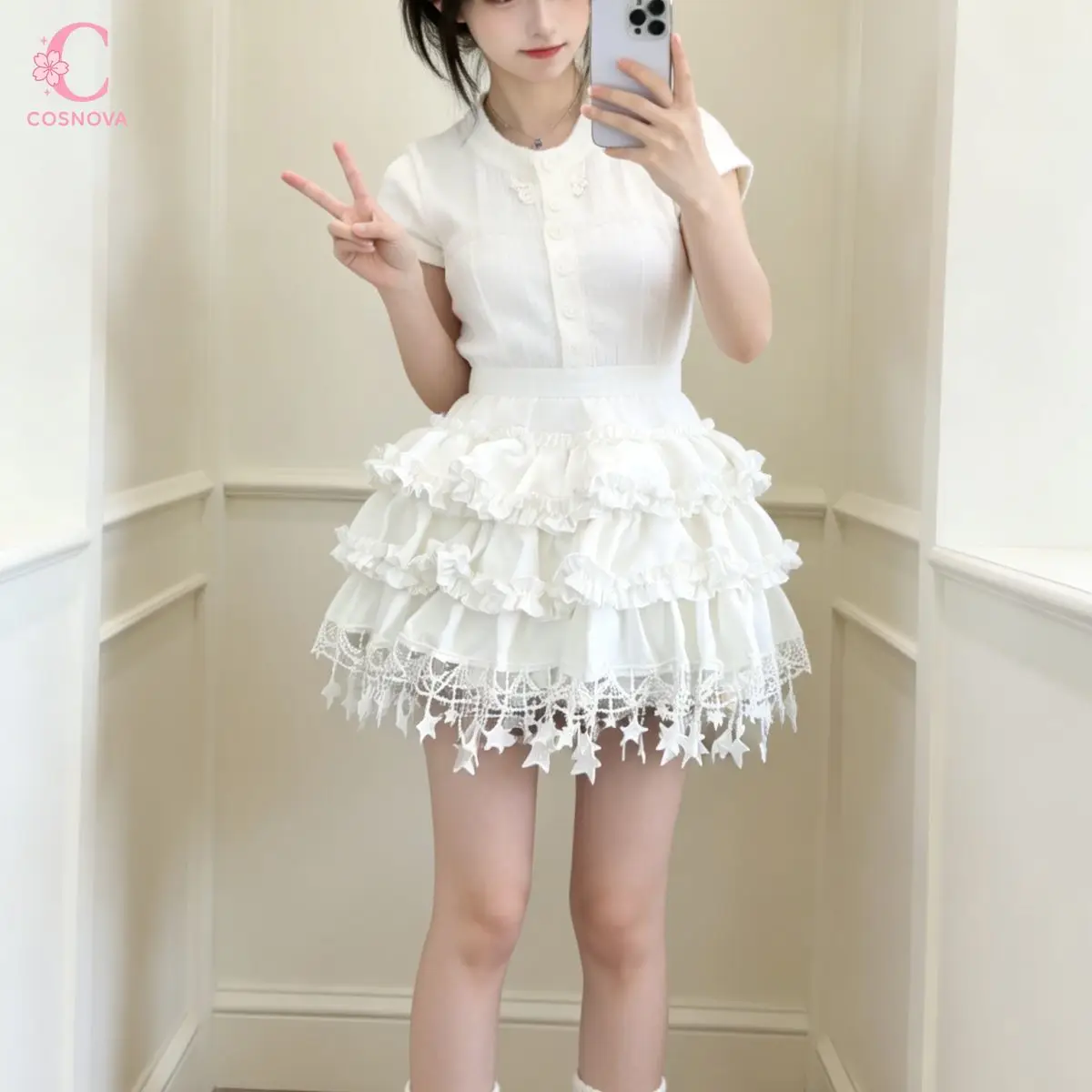 

Kawaii Sweet Tiered Ruffle Mini Skirt Women Solid White Lace Star Trim High Waist Tutu Skirt Harajuku Y2K Korean Fashion Outfit
