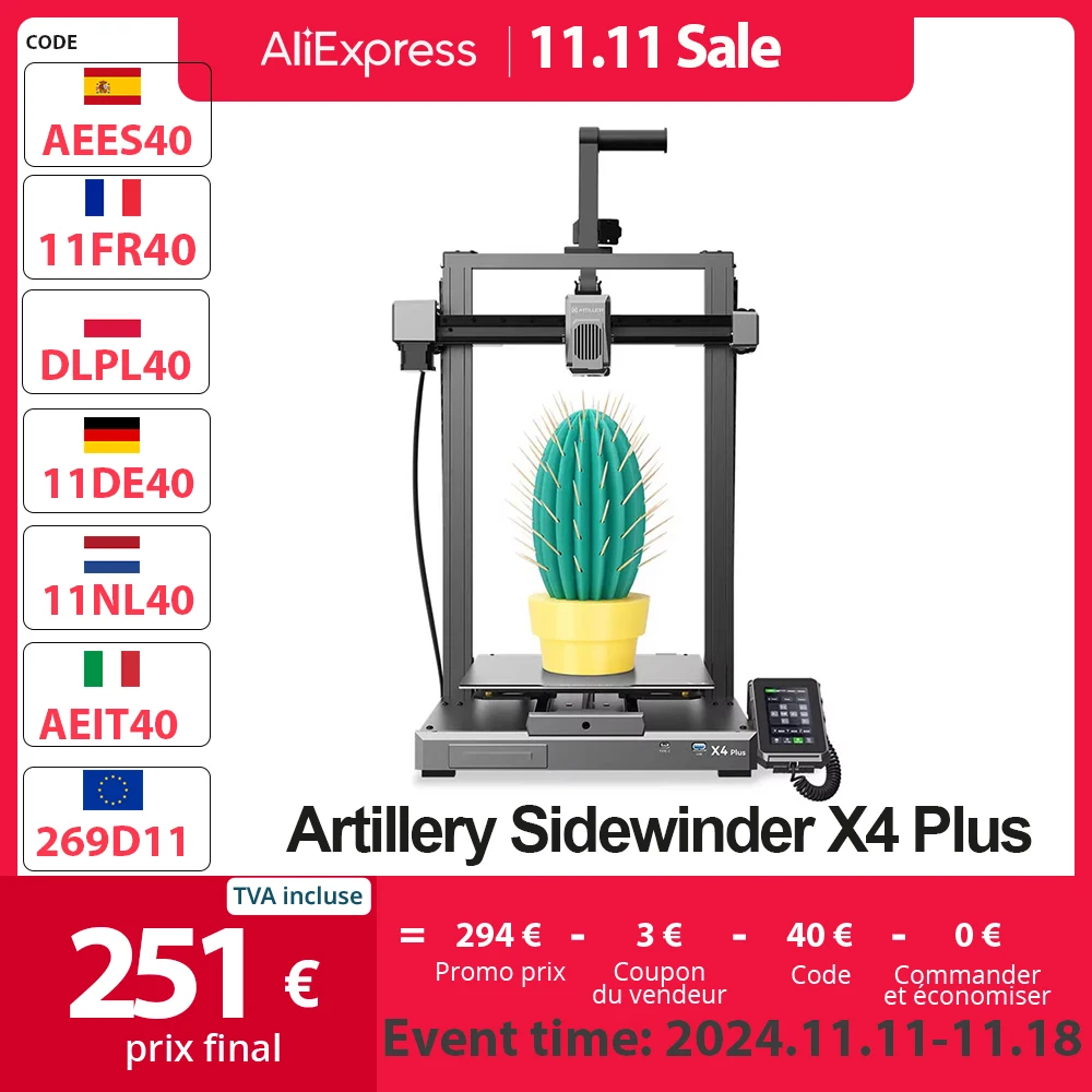 Artillery Sidewinder X4 Plus 3D Printer, 500mm/s Print Speed, 300℃ High-temp Printing, XY-Metal Linear Guide Rail 300*300*400mm