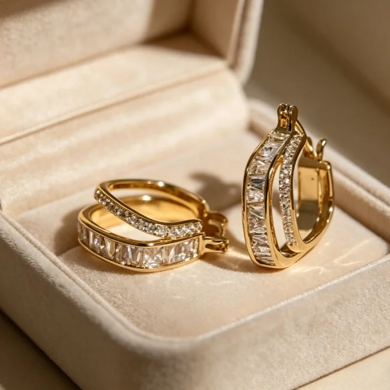 Shiny Double C-shaped Ring Inlaid Earrings Gold Mixed Rectangular Circular Geometric Earrings Suitable Women's Daily Party