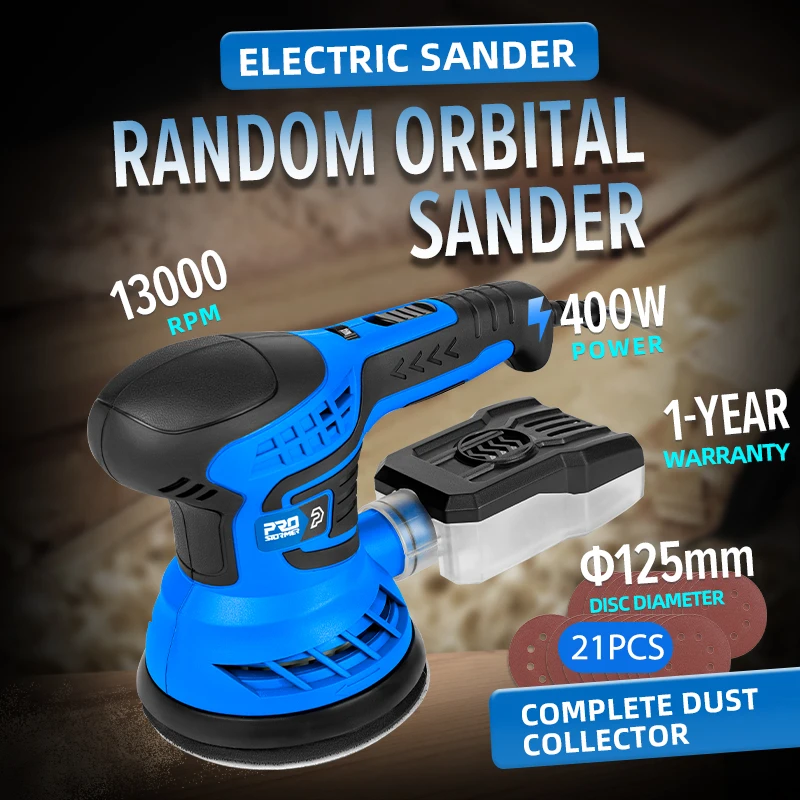 400W Random Orbit Sander 7 Variable Speed 13000RPM Orbital Sander 12Pcs Sandpapers Strong Dust Collection System PROSTORMER