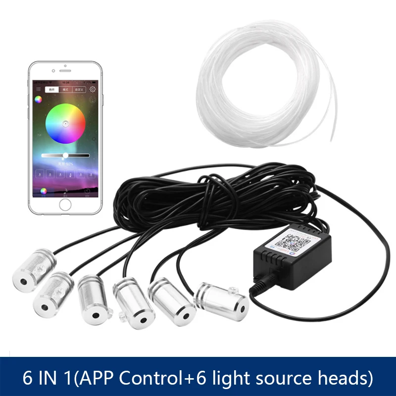 6 In 1 Led-Sfeer Auto Licht Rgb Flexibele Decoratieve Lamp 8M Interieur Omgevingslicht Door App Controle Glasvezel Strips Licht