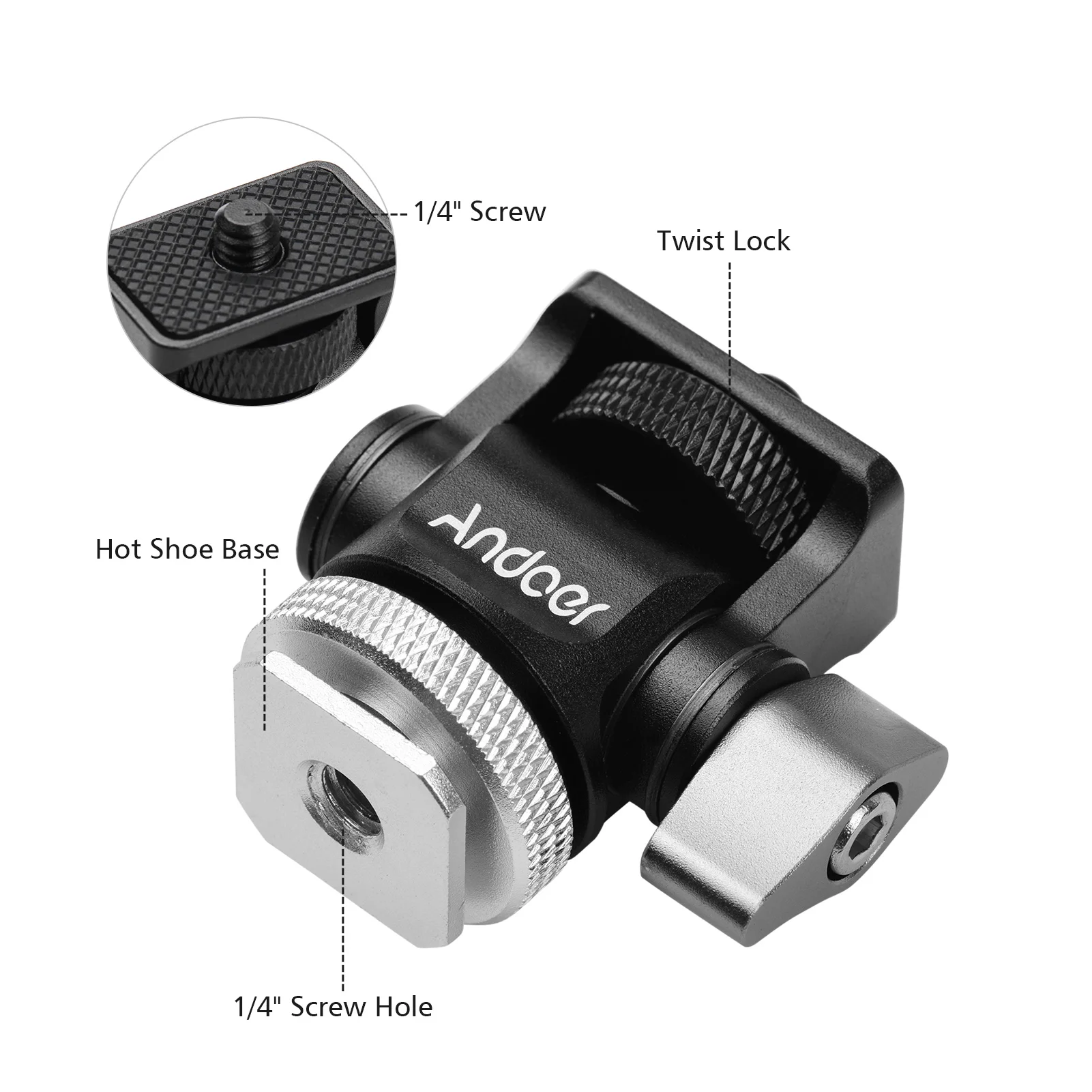 Andoer Mini Monitor Mount Tripod Head Cold Shoe Adapter 1/4in Screw for Camera Monitor Flash Microphone LED Fill Light Mounting