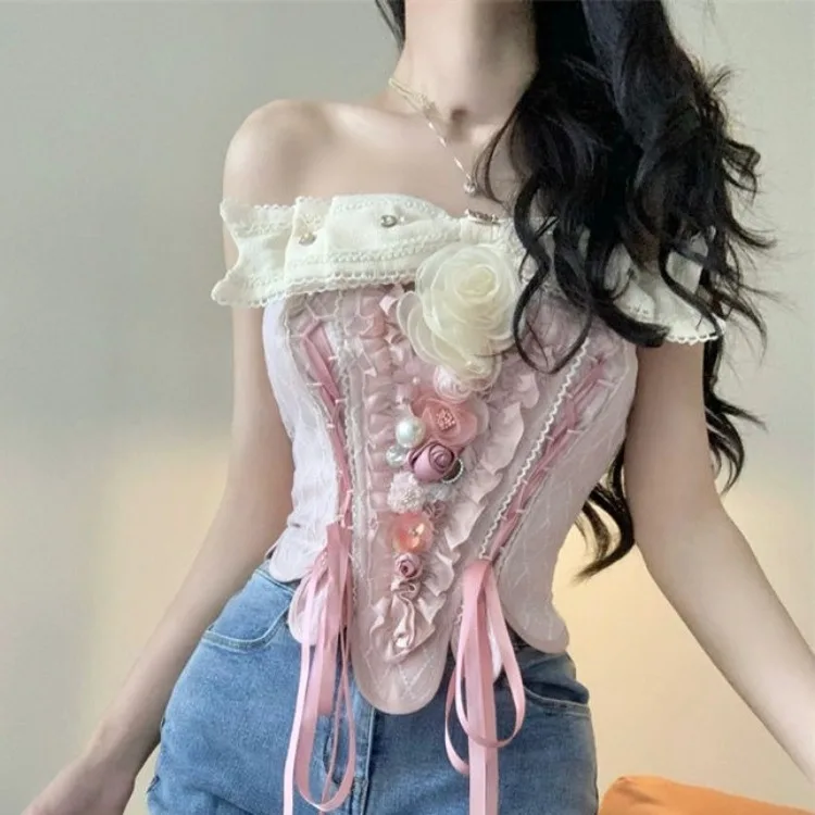 Harajuku Strapless Bow Slim Fit Bandage Tops Women+ Y2k E-Girl High Waist Lace Patchwork Shorts Summer Sweet Two Piece Sets