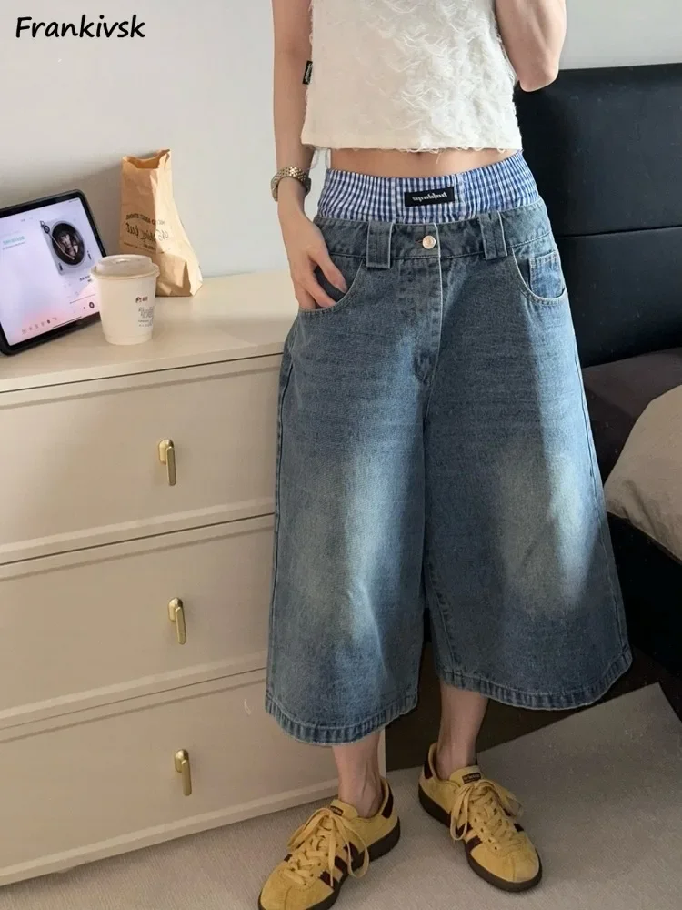 

Shorts Women Patchwork All-match Chic Washed Distressed Denim Baggy Streetwear Korean Style Harajuku Cozy Simple Trousers Summer