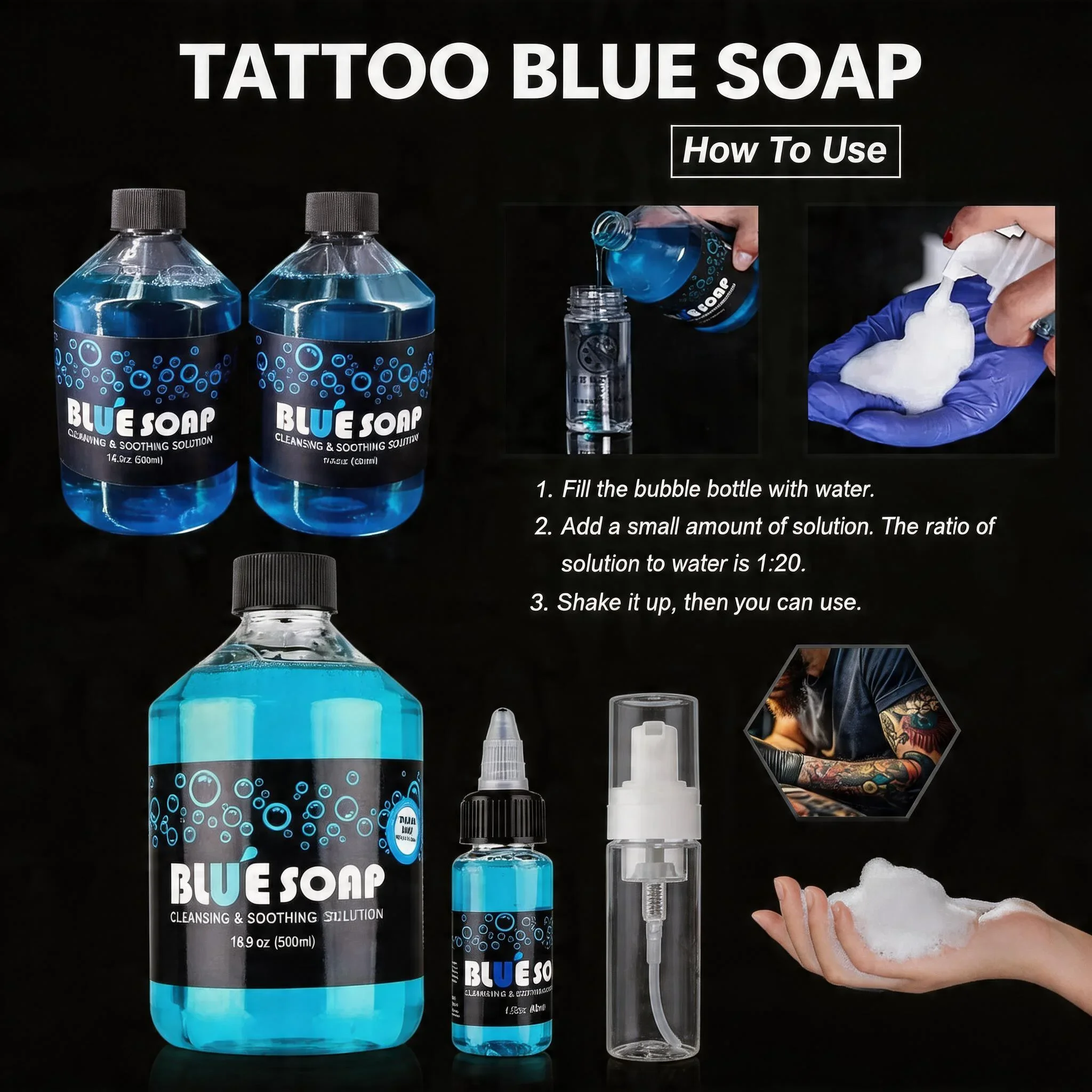 500/30ML Tattoo Blue Soap Cleaning Soothing Solution With Tattoo Foam Diffuser Bottle Blue Algae Soap and Bottle Cleaning Supply