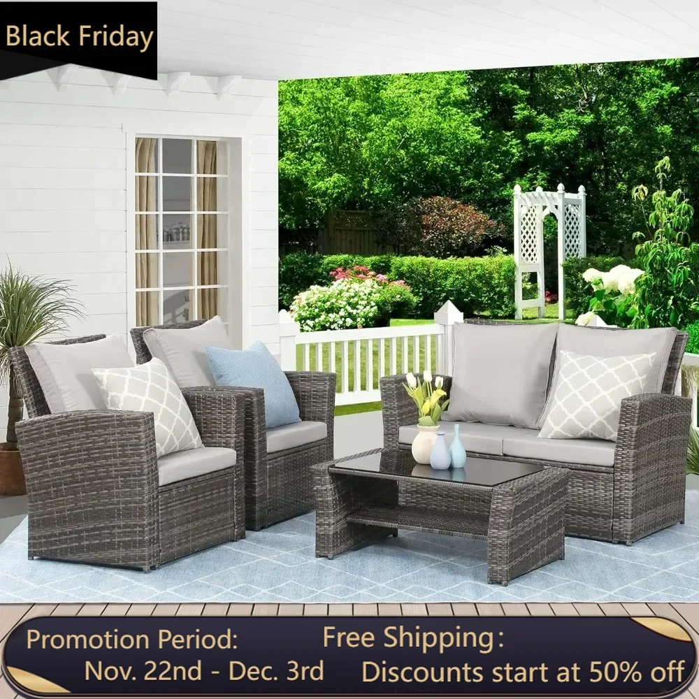 

4 Piece Outdoor Patio Furniture Sets Wicker Conversation Set for Porch Deck Sofa Gray Rattan Sofa Chair With Cushion Garden