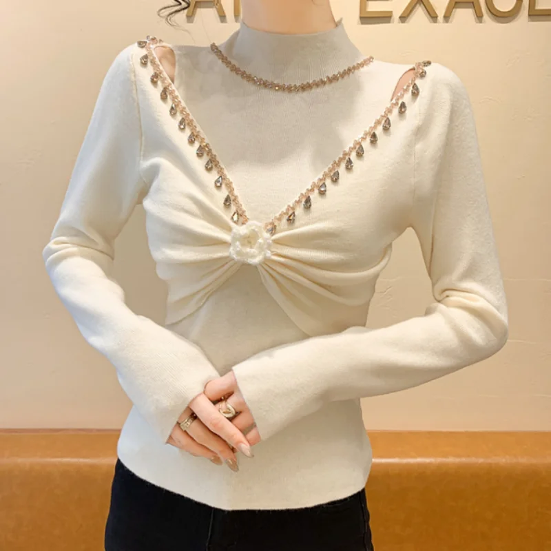 

Женский свитер, милый сексуальный топ с высоким воротником, корейский стиль, новый искусственный вязаный пуловер из двух предметов с длинными рукавами, весенне-осенний женский пуловер