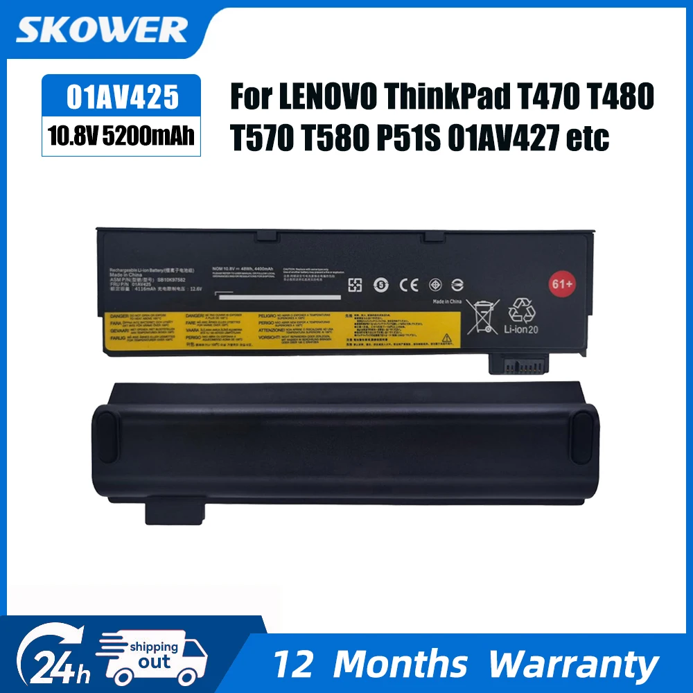 

SKOWER 01AV427 01AV428 Аккумулятор для Lenovo ThinkPad A475 A485 T470 T480 T570 T580 P51S P52S TP25 SB10K97585 01AV423 01AV425 61+