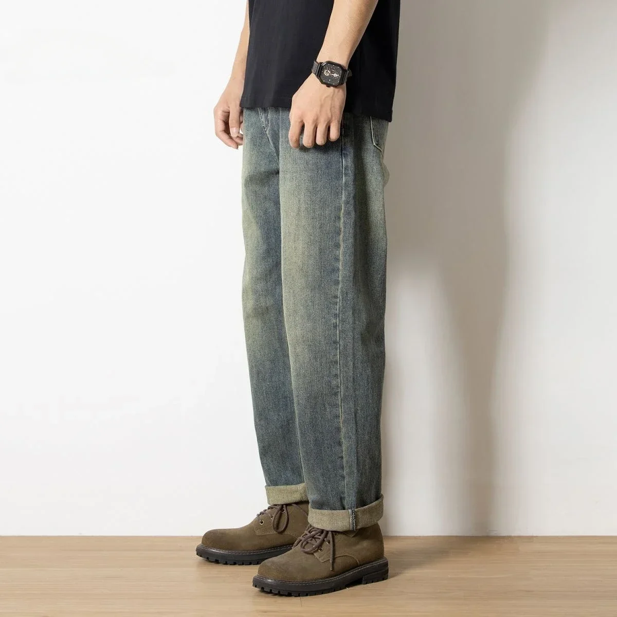 With Pockets Loose Jeans for Men Motorcycle Buggy Baggy Man Cowboy Pants Trousers Aesthetic Clothes Y2k 2000s Washed Denim Soft