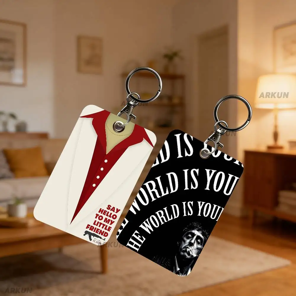 Popular Cool Movie S-Scarfaces Rectangle ID Card Case Keychain Access Card Bag Key Tag Ring Leather Card Holder Key Ring Access