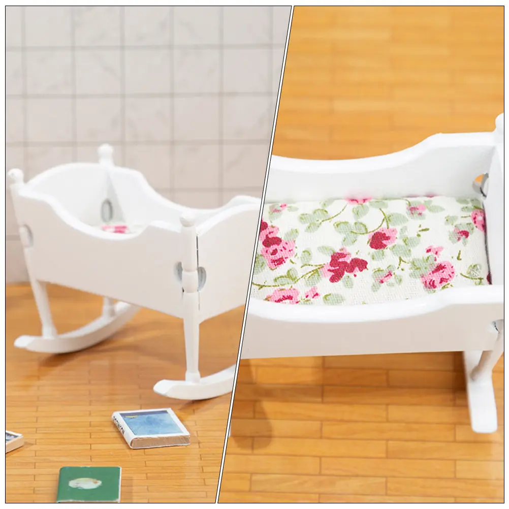 

Mini White Cradle Nursery Baby Crib Adorn Smooth Surface Simulation Baby Bed Ornament for Dollhouse Kids Dollhouse Accessory