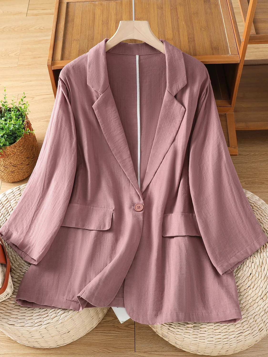 بدلة نسائية غير رسمية من القطن والكتان طويلة Sve Jaet خريف جديد Sle فني مقاس كبير قطع مستقيمة بزر واحد للإغلاق