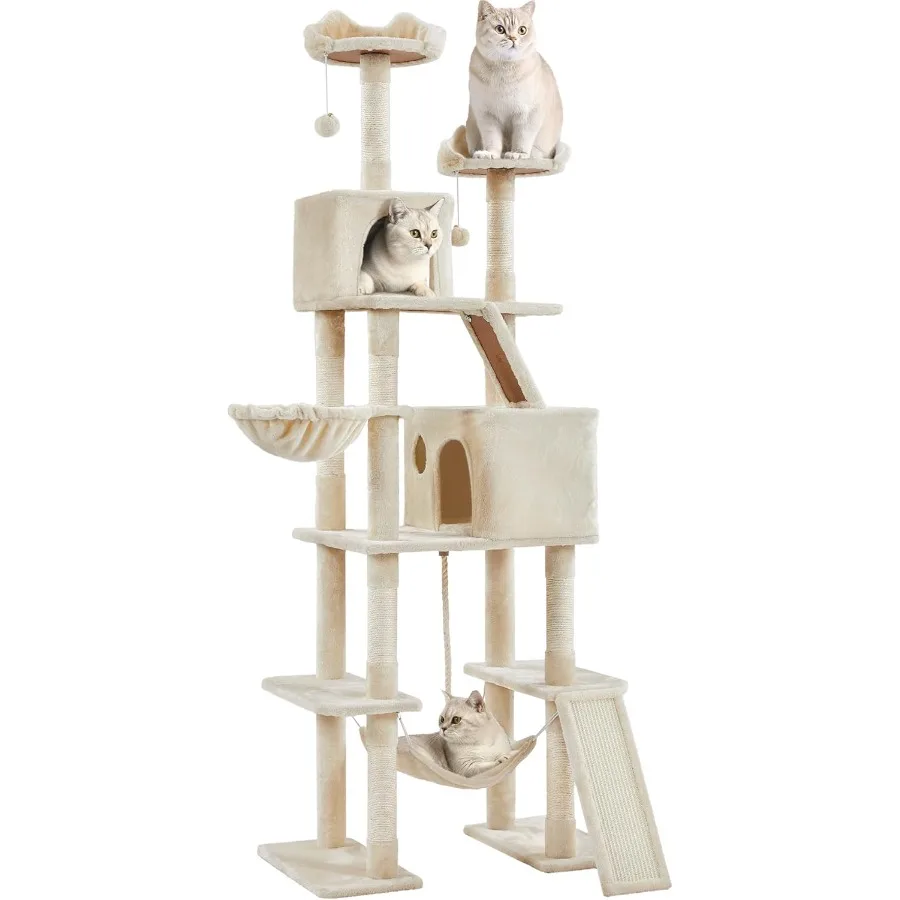 

Большое кошачье дерево размером 82,5 дюйма с гамаком. 2 кошачьих кошачьих косточками. 2 уютных когтеточками и корзиной для больших кошек и котят.