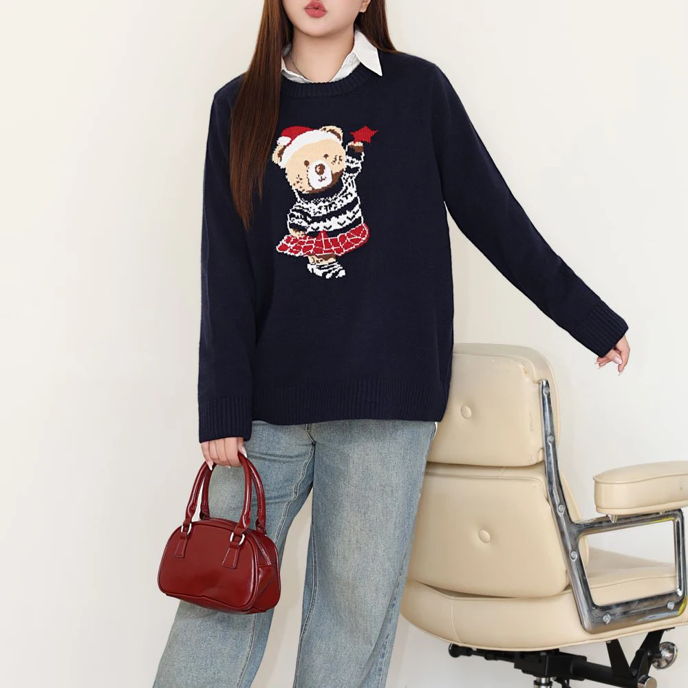 Vintage Bear Embroidered Jacquard Crew Neck Sweater Women XL XXL Autumn Winter Good Quality Preppy Style Hooded Knit Jumpers