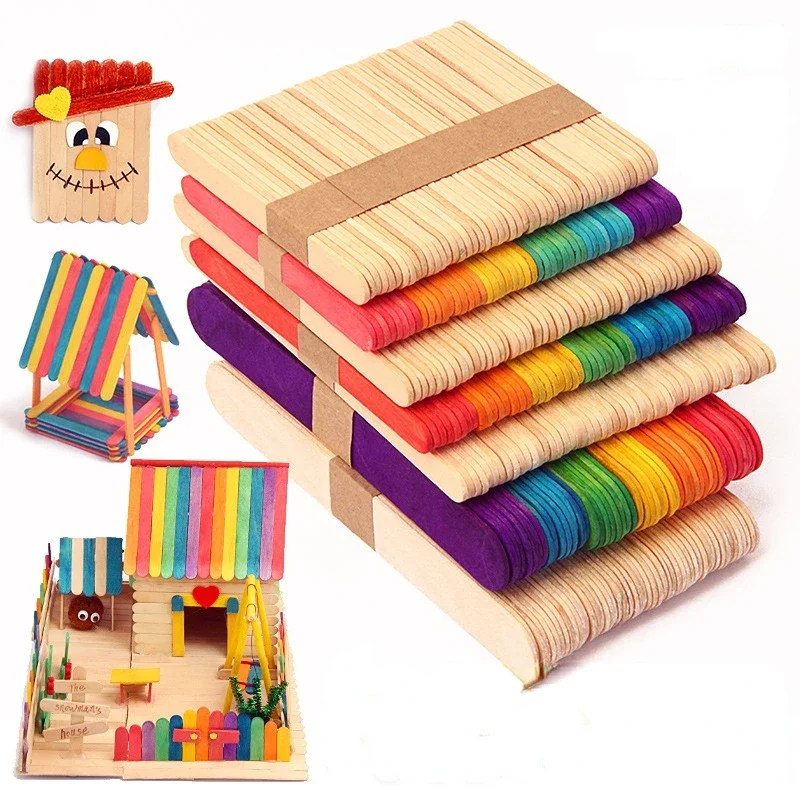 Art Creative 50pcs DIY Handmade Material Wooden Sticks Kid Hand Crafts Ice Cream Sticks Colorful Educational Toy for Childr Gift