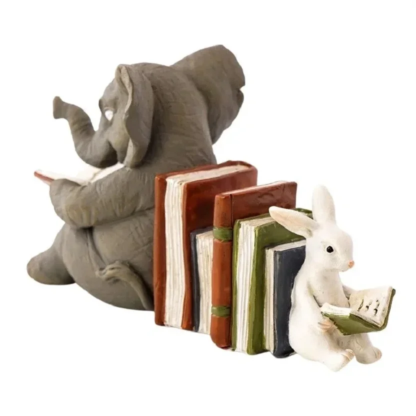 Elephant and Rabbit Reading Learning Statue Bookend Resin Animal Statue Decoration Home Decor