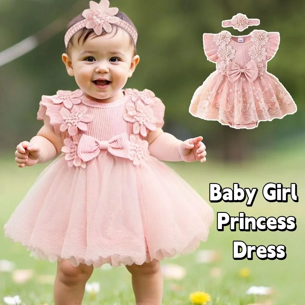 Fashion Cotton Baby Girl Princess Dress Lace Mesh Bowknot Baby Girl Bubble Dress Short Sleeve Sweet Infant Dress with Headband