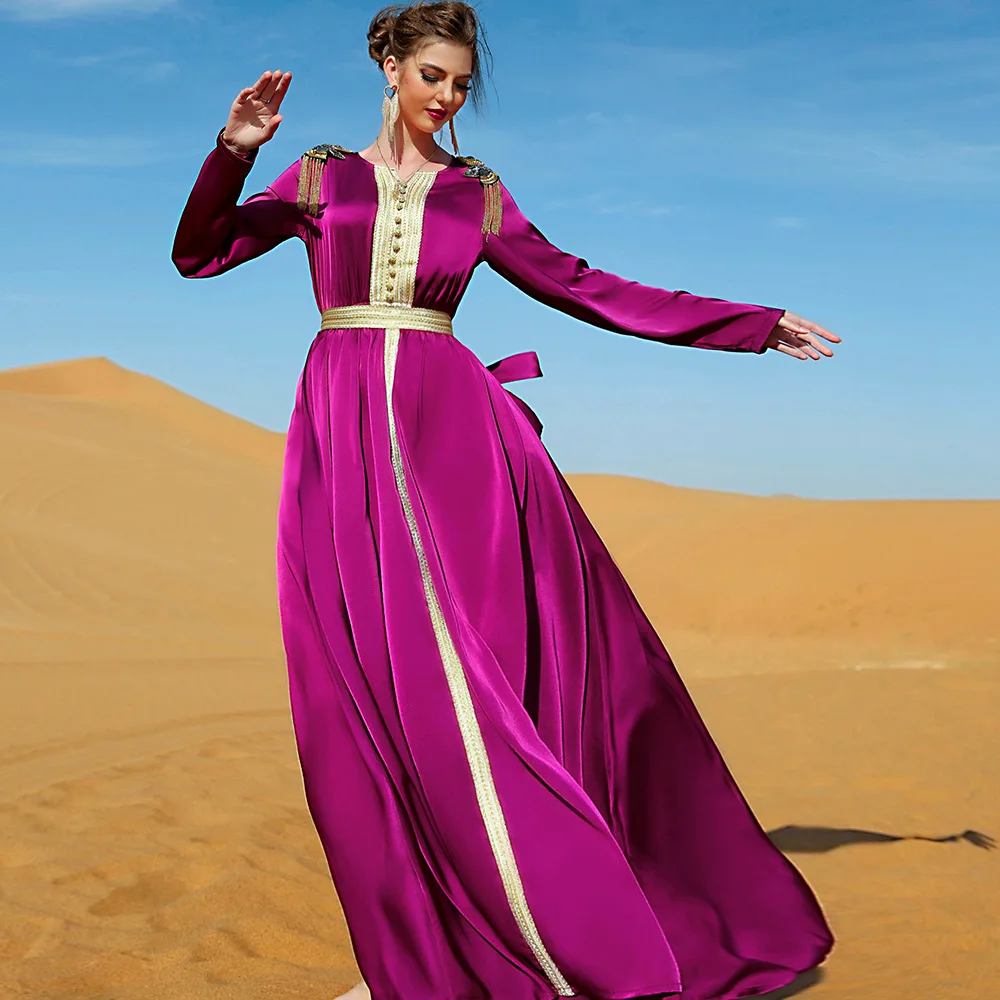 Imagem -03 - Vestido Longo de Cetim Feminino Abaya Muçulmano Árabe Islâmico Strass Festa Vestido de Casamento Ramadã Dubai Kaftan Marroquino Jalabiya Novo Luxo