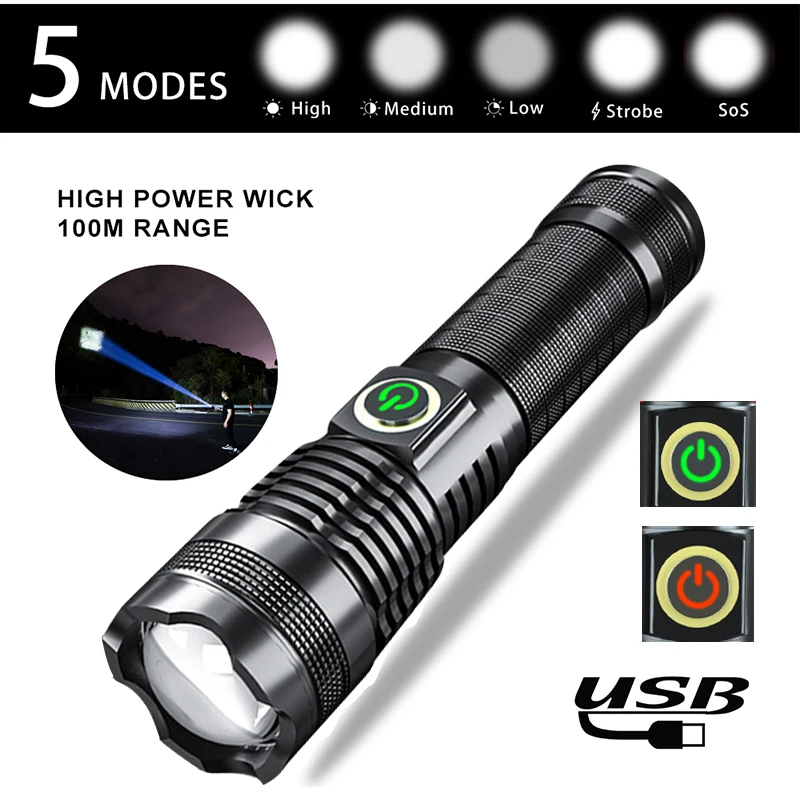 Super Bright XHP50 LED Flashlight Pocket Tactical Flashlights Zoomable Torch Waterproof Torches for Camping Hiking Emergency