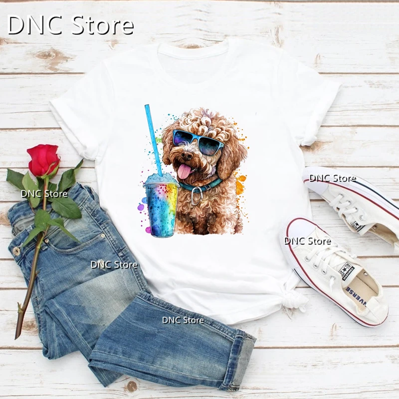 2024 Fashion Doodle Dog Watercolor Color Drink Cut Dog Animal Print Women Tshirt Summer Harajuku Shirt Femme T-Shirt O-Neck Tops