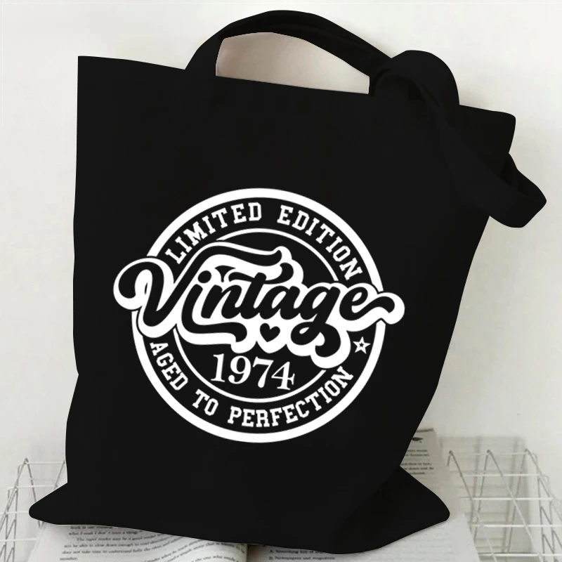 

Women Canvas Bag Vintage 1974 Fashion Shopping Bag Casual Girls Tote Bags Folding Eco-Friendly Reusable Handbag Shoulder Bag