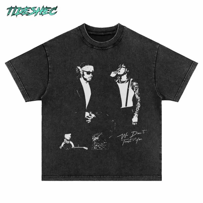 Vintage Men Tshirt Streetwear Harajuku Suit Sunglasses Male Print Punk Gothic Washed T-Shirt 2024 Hip Hop Fashion Casual Loose