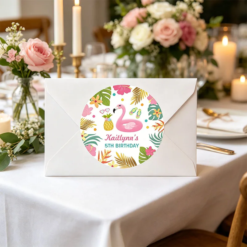 Pegatinas Personalizadas de Flamencos Tropicales para Cumpleaños, Etiquetas Redondas con Nombre y Edad, Recuerdos para Fiesta Hawaiana en la Piscina, Pegatinas para Empaque de Regalos