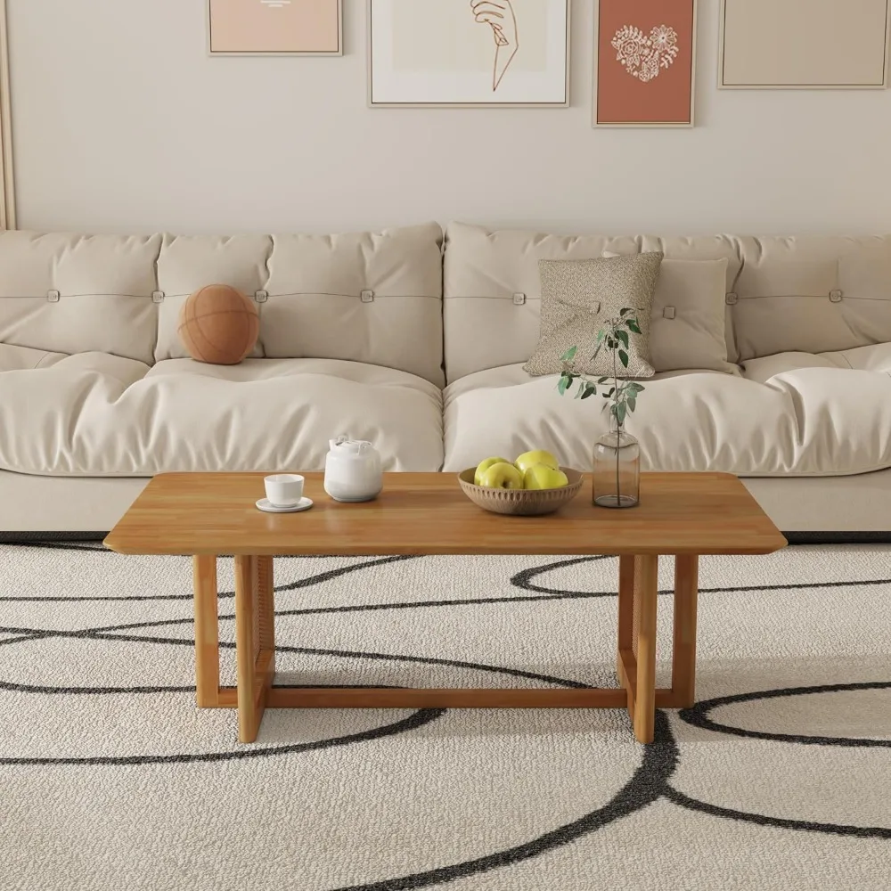 Прямоугольный деревянный журнальный столик в стиле бохо с ножками в стиле ротанга для гостиной