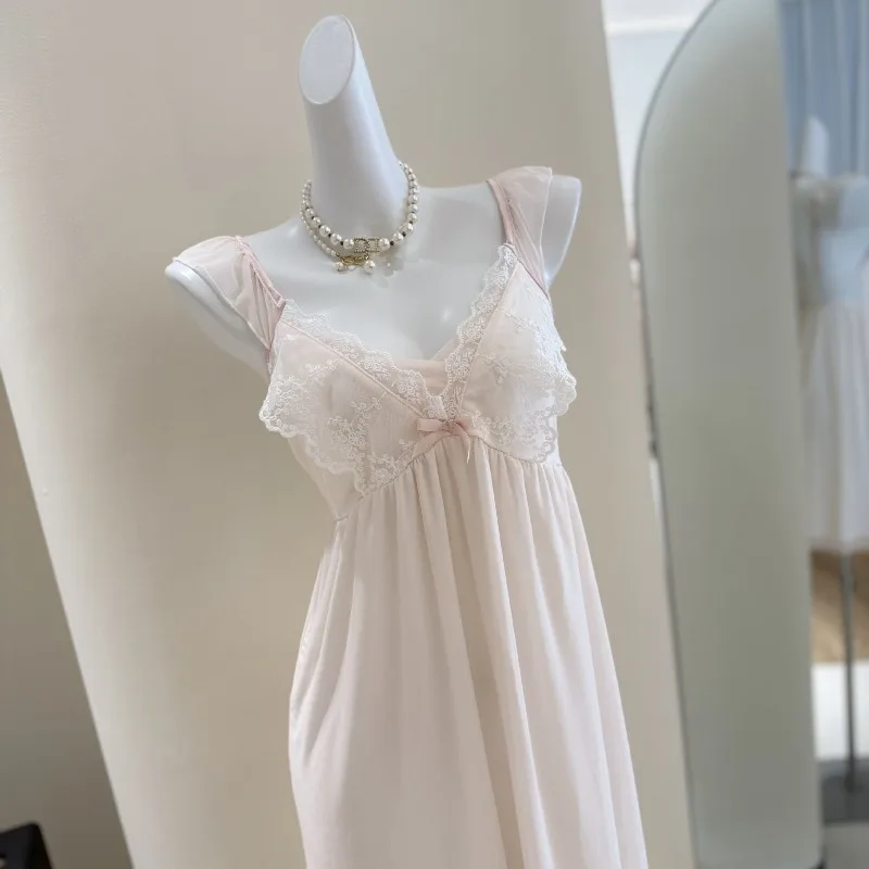 

Summer Nightgown Court Mesh Modal Light Luxury Pajamas Women's Long Ice and Snow Silk Nightgown Loungewear