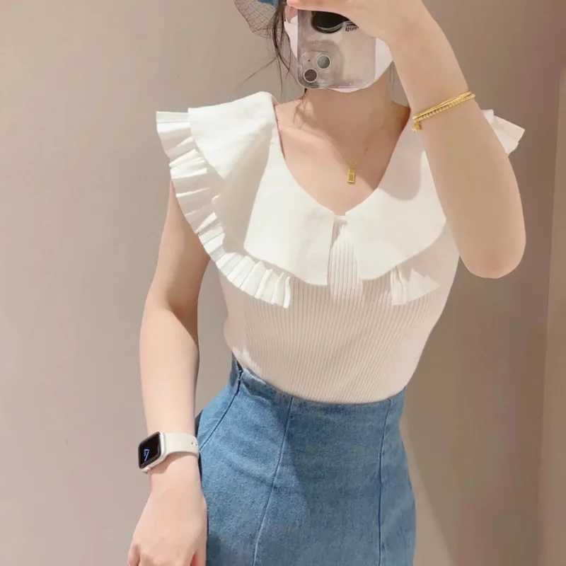 Neploe Japanese Spliced Rib Knitted Pull Femme Sweet Ruffled Sleeveless Sweater Women 2024 Summer Simple Stretch Y2k Clothes