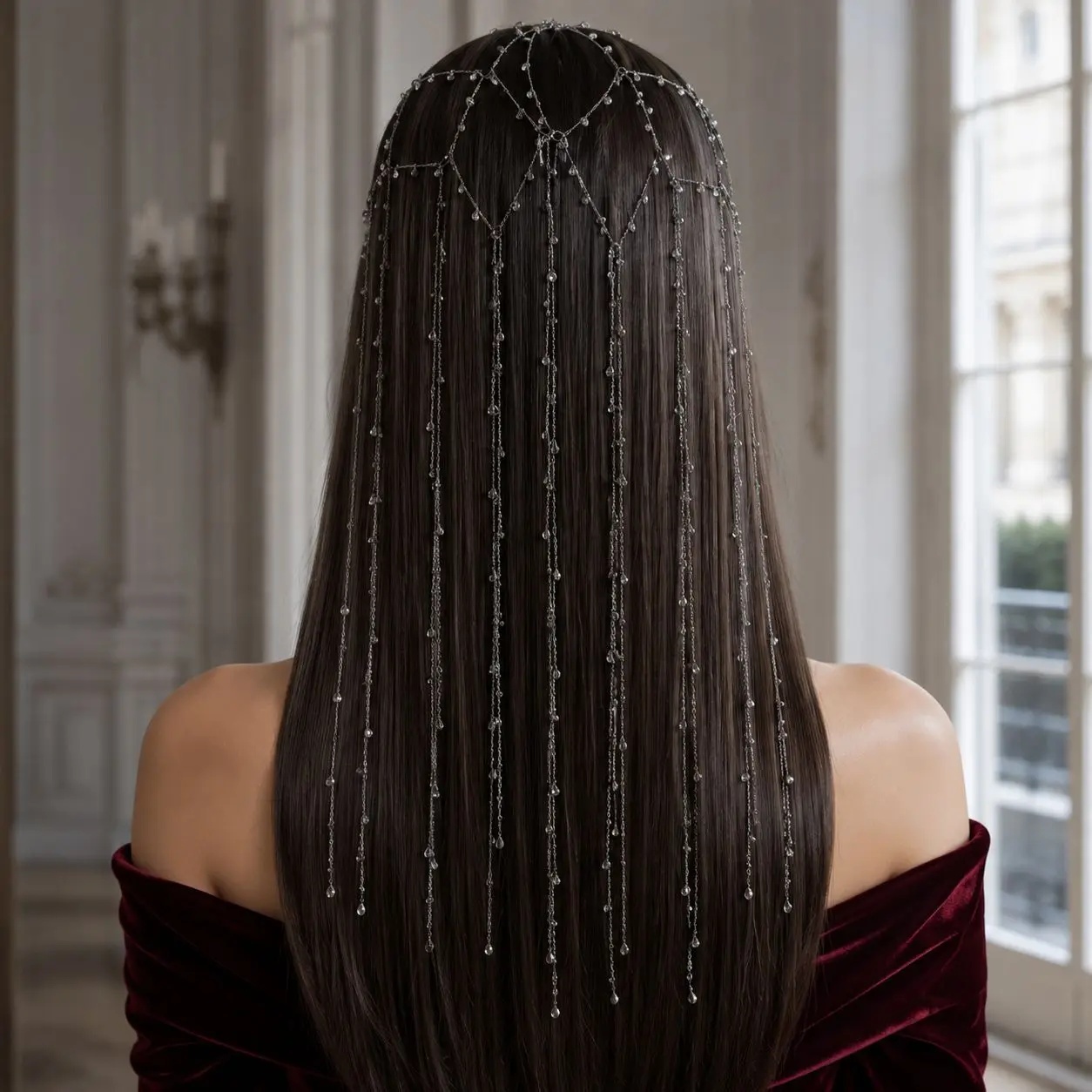 ゴシックダイヤモンドメッシュヘアチェーン-ロングウォーターフォールタッセルヘッドピース-ラグジュアリーブライダルバックベールジュエリー-女性用プロムパーティーヘアアクセサリー