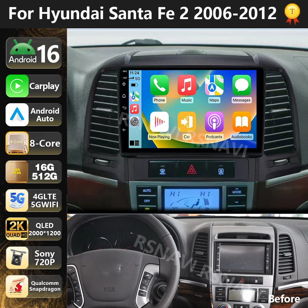 Qualcomm Android 16 For Hyundai Santa Fe 2 2006 -2012 2K QLED Car Radio Multimedia Video Player CarPlay Auto Head Unit Stereo Bt