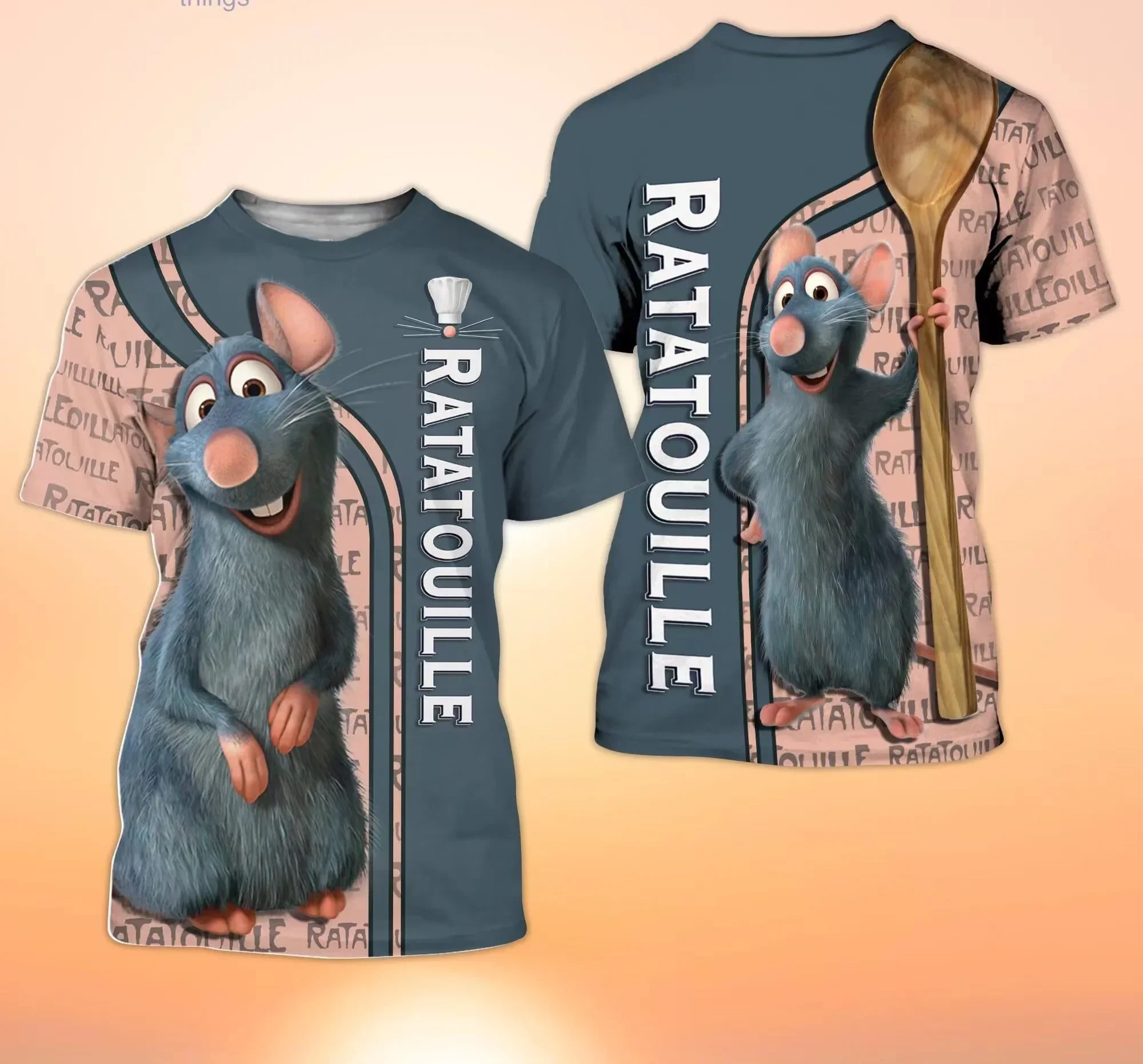 Remy Ratatouille Cream Steel Blue Signature Patterns Disney Cartoon 3D Men and Women T-Shirt