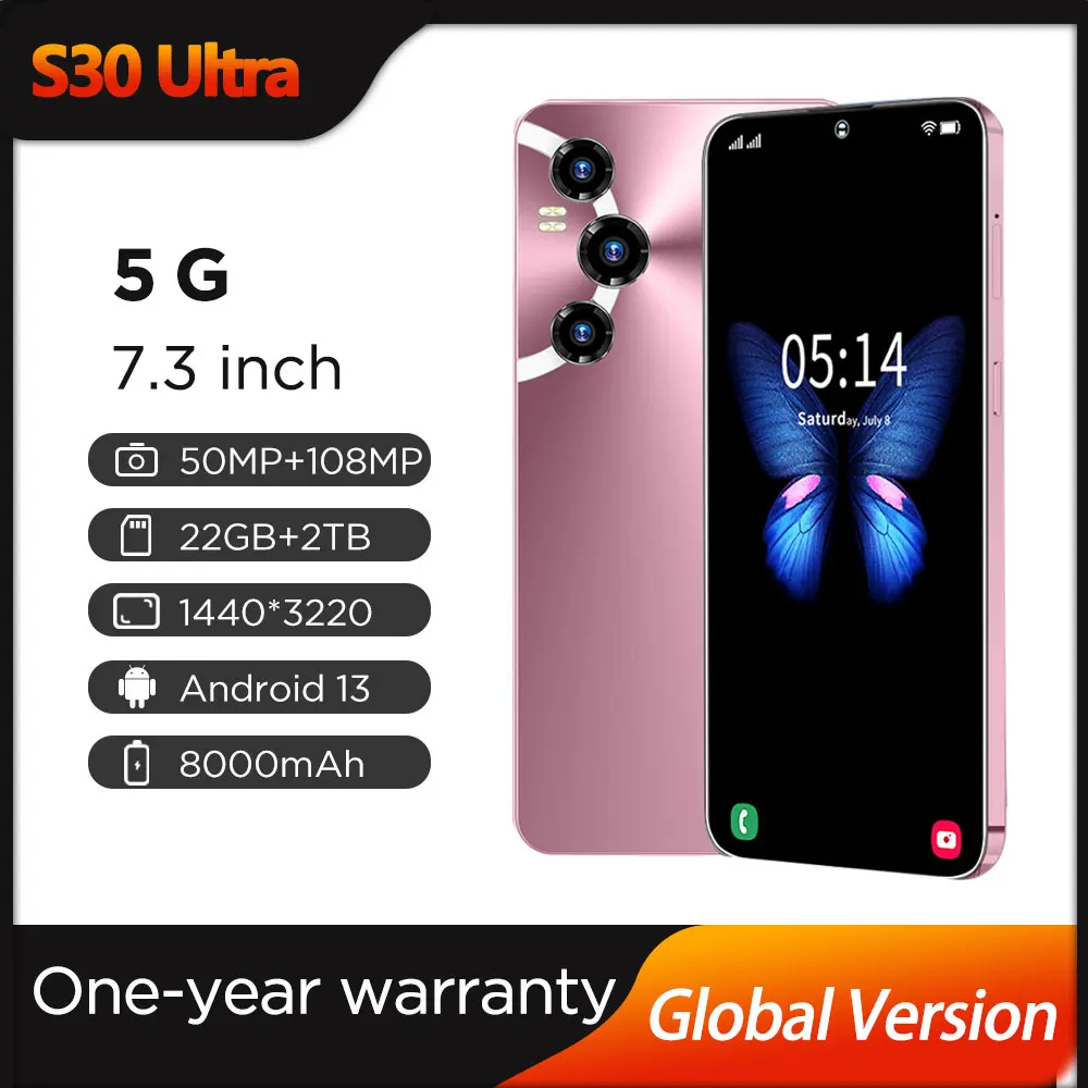 

S30 Ultra Mobile Phones 7.3 HD Screen SmartPhone Original 22G+2T 5G Dual Sim Celulares Android Unlocked 108MP 8000mAh Cell Phone