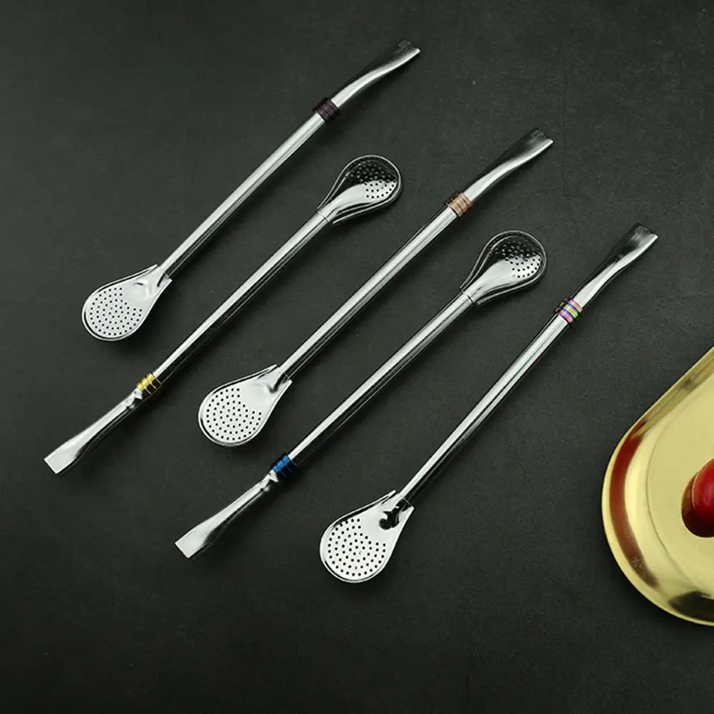 

5pcs Stainless Steel Straw Spoon Hollow Out Filter For Coffee Tea Stirring Swizzle Stick Bar Bistro Kitchen Barware Accessories