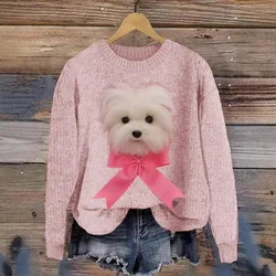 2024 New Animal Dog Coarse Needle Fabric Top for Girls Long Sleeve Coarse Needle Digital Printing 3D Round Neck Hoodie Long Slee