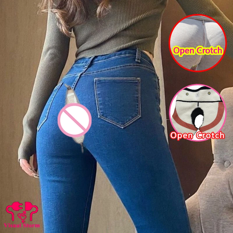 Woman Open Crotch Pants Three Zipper Sexy Jeans Crotchless Invisable Skinny Outdoor Sex Couple Costume Fashion Sexy Panties