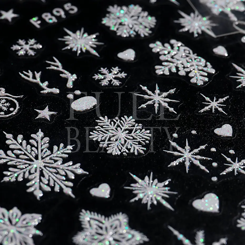 Shiny Glitter Snowflakes Nails Stickers Winter Snowy Flowers Shimmer 3D Manicure Sliders Christmas Festive Decals Nail Art F897