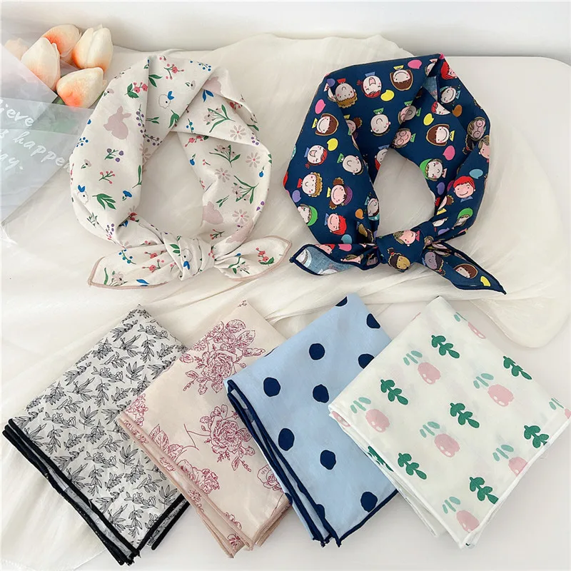 58cm Print Square Scarves Casual Kerchief Fashion Cotton Linen Neckerchief Bandanas Turban Neck Wraps Headband Scarf for Women