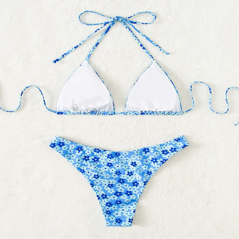 Mini bikini con scollo all'americana per donna Costume da bagno stampato floreale Abbigliamento da spiaggia estivo Costume da bagno con micro triangolo 2025