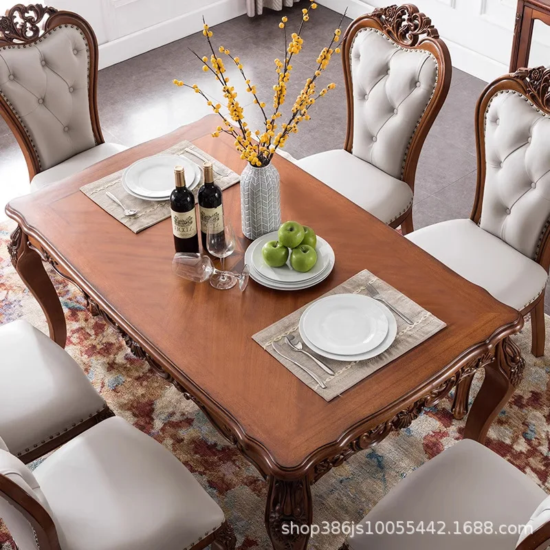 Country Dining Table Marble Dining Chairs Dark Solid wood carving Rectangle Restaurant