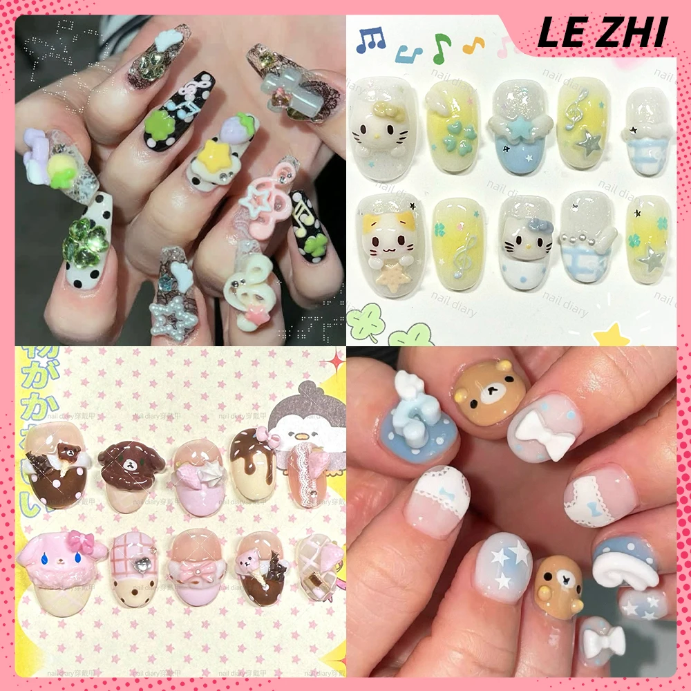 

Cute Short Ellipse Almond Handmade Nail Party Sticker Four-Leaf Clover Bow Flower Pearl Musical Notes Wearable Press On Nails