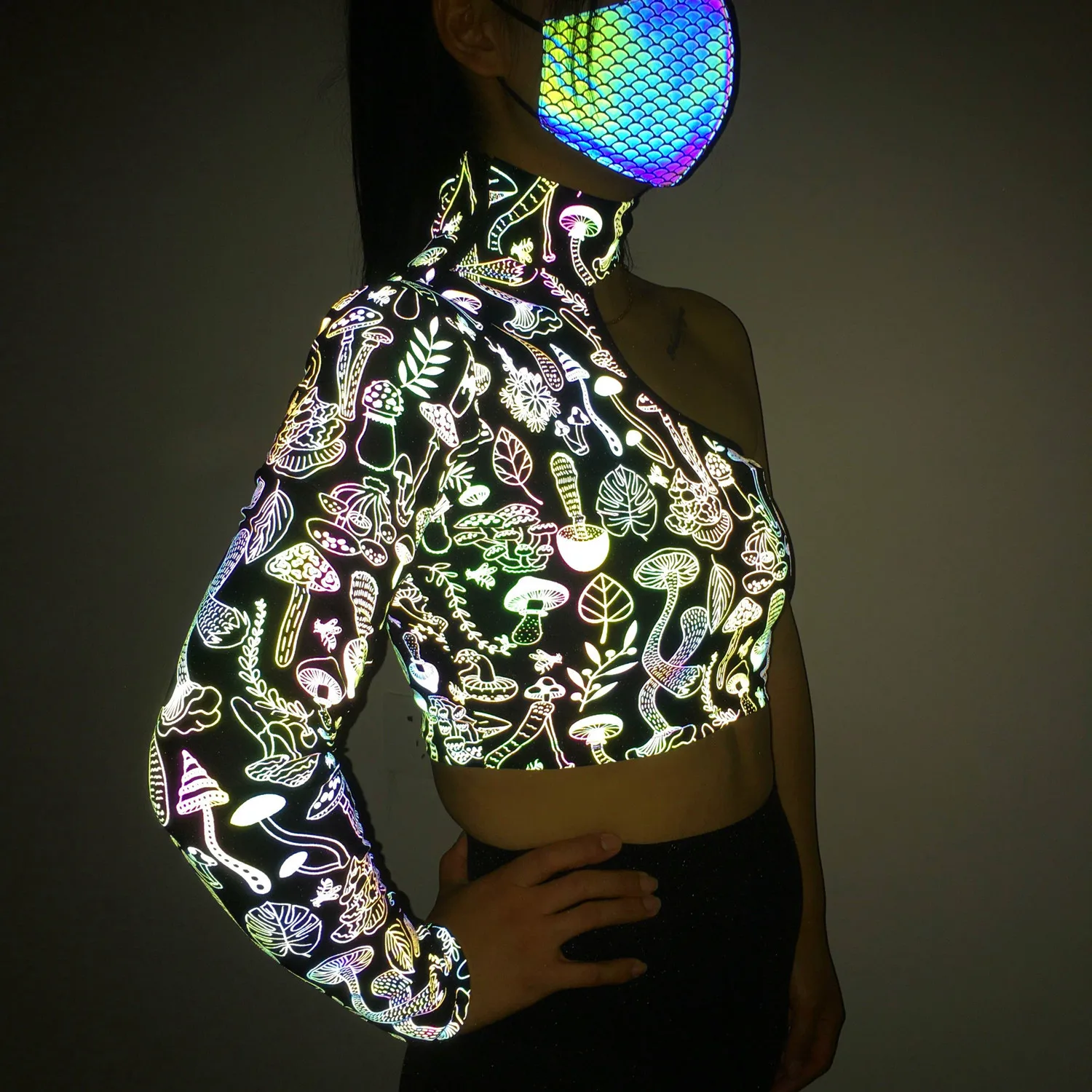 

Colorful Reflective Women Yoga Shirts Long Sleeve One-Shoulder Tee Fitness Gym Crop Top Workout Running Sportswear Blouse