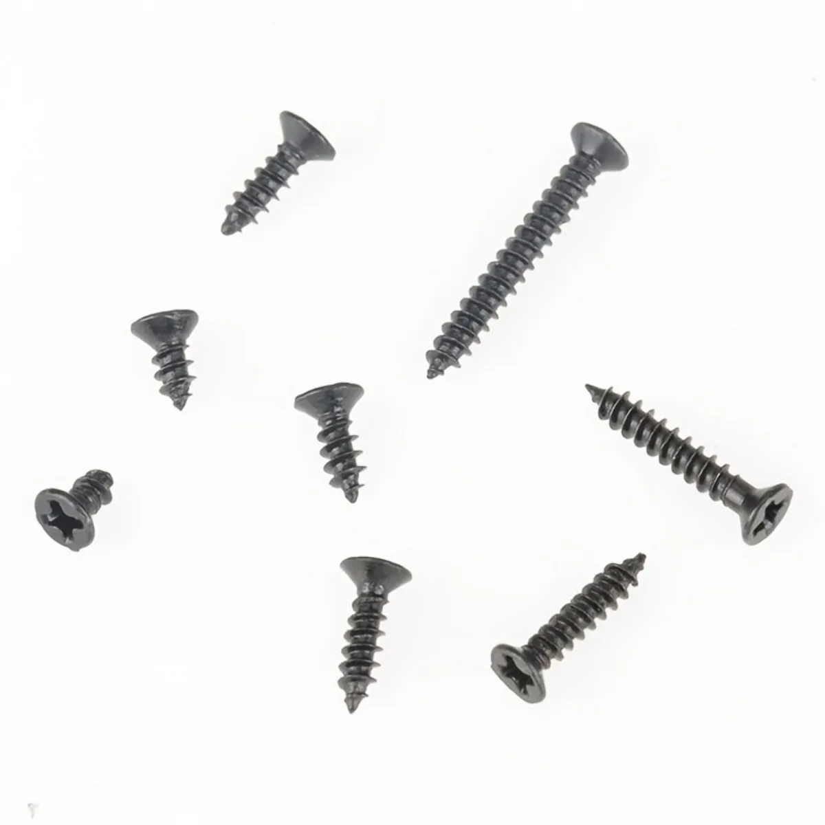 Self tapping screw set, available in various sizes and styles, used for wood repair and electrical assembly