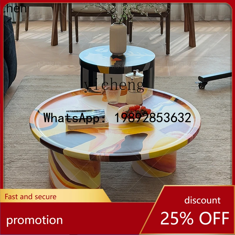

HT medieval creative light luxury painted solid living room hand painted oil painting personality round coffee table